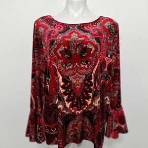 Chico's Whimsigoth Velour Bell Sleeve Burgundy Paisley Print Bohemian Top Size L